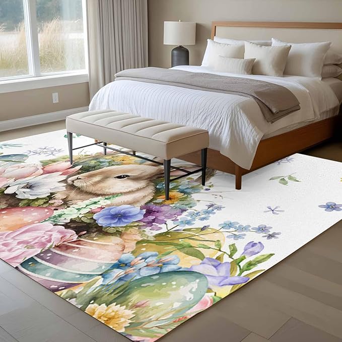 Area Rug 6x9ft, Easter Egg Spring Flower Cute Rabbit Washable Rugs for Living Room Bedroom, Blossom Floral on White Soft Non-Slip Area Rugs Rectangle Floor Carpet for Dining Room