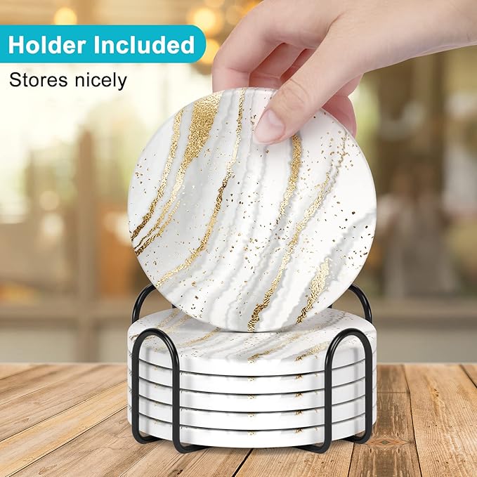 Nipichsha Coasters for Drinks, Set of 6 Cute Absorbent Ceramic Drink Coasters for Cup with Holder and Cork Base, Kitchen Home Decor Housewarming Gift, Round 4 in, Gold White