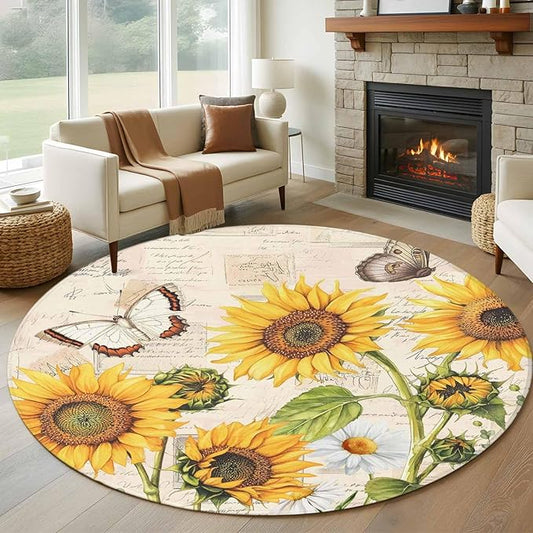 Sunflower Farmhouse 6ft Round Rug, Retro Floral Butterflies Non-Skid Rubber Backing Large Area Rugs - Living Room Bedroom Home Office, Spring Summer Indoor Floor Mat Carpets Washable Rug