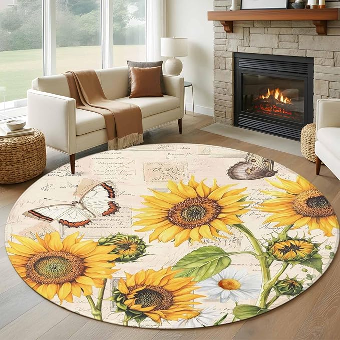 Sunflower Farmhouse 7ft Round Rug, Retro Floral Butterflies Non-Skid Rubber Backing Large Area Rugs - Living Room Bedroom Home Office, Spring Summer Indoor Floor Mat Carpets Washable Rug