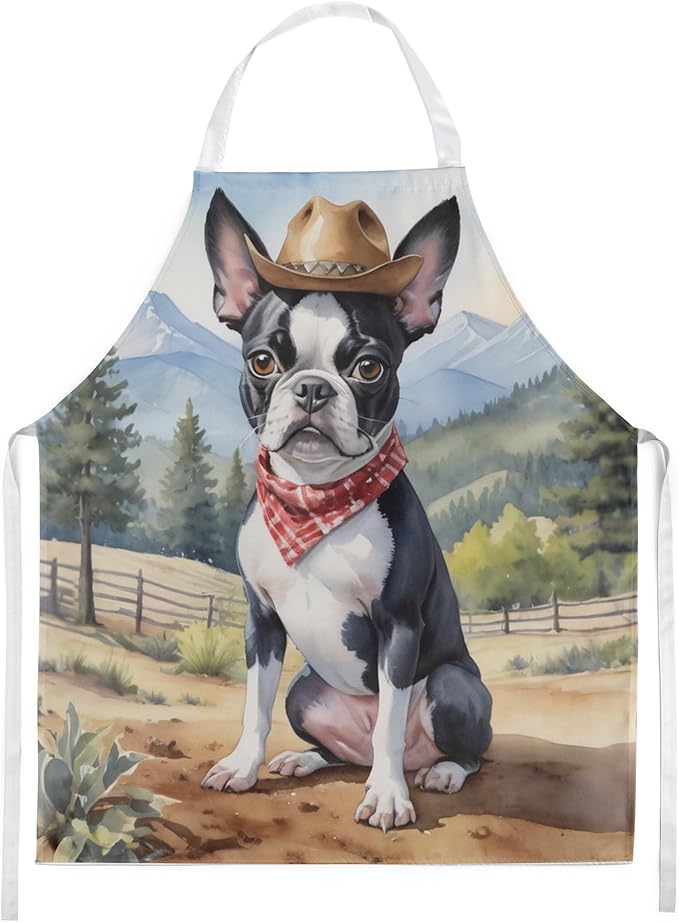 Caroline's Treasures Boston Terrier Cowboy Welcome Apron Cooking Kitchen Server Baking Crafts Gardening for Adult Women Men, Unisex, Large, Multicolor