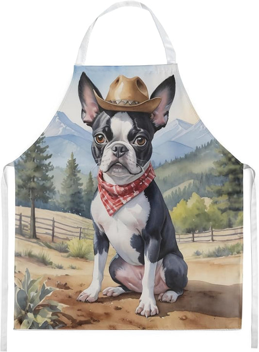 Caroline's Treasures Boston Terrier Cowboy Welcome Apron Cooking Kitchen Server Baking Crafts Gardening for Adult Women Men, Unisex, Large, Multicolor