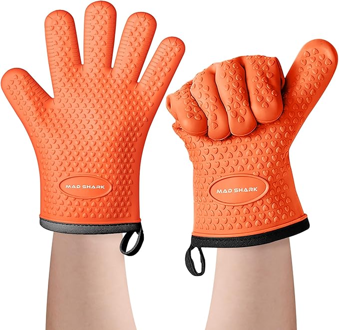 MAD SHARK Silicone Oven Mitts Heat Resistant 450°F with Waterproof & Non-Slip Oven Gloves with Fingers, Silicone Oven Gloves Kitchen Mittens for Baking Cooking Barbecue (Orange)