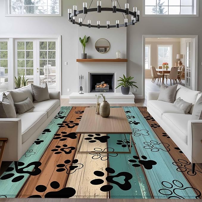 Area Rug 6x9ft, Farm Brown Wood Board Washable Rugs for Living Room Bedroom, Dog Paw Print Animal Footprint Soft Non-Slip Area Rugs Rectangle Floor Carpet for Dining Room