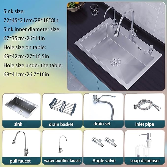 Single bowl stainless steel sink, built-in kitchen sink, practical sink, 20cm deep tank body, with pull-out faucet brushed process, easy to clean, suitable for kitchen and restaurant ( Size : 72*45*21