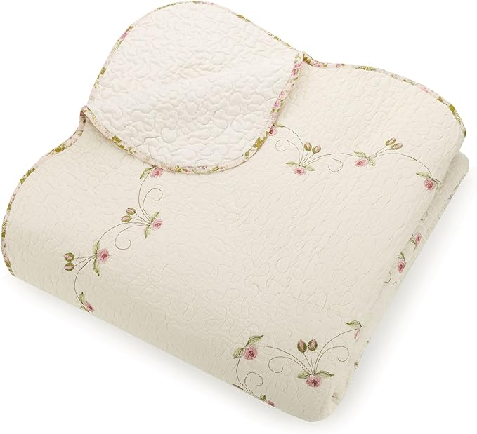 MODERN HEIRLOOM Felisa Floral Embroidered Quilted Bedspread, Lightweight All Seasons Vintage Bedding, Queen Size 102" W x 118" L, Pink/Ivory