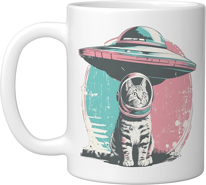Retro UFO Cat Astronaut Alien Sci Fi Space Funny Pastel Ceramic Mug, White