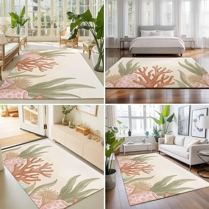 Area Rug 9x12ft, Ocean Coral Seaweed Shell Reef Washable Rugs for Living Room Bedroom Rectangle Floor Carpet, Watercolor Marine Theme Soft Non-Slip Area Rugs for Dining Room