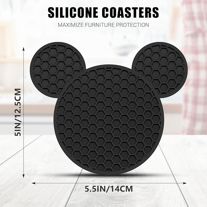 Mouse Ears Silicone Coasters Non-Slip Black Coasters for Hot or Cold Drinks, Beer, Coffee, Anti-Overflow Tabletop Protection Christmas Birthday Wedding Housewarming Home Decor Gifts