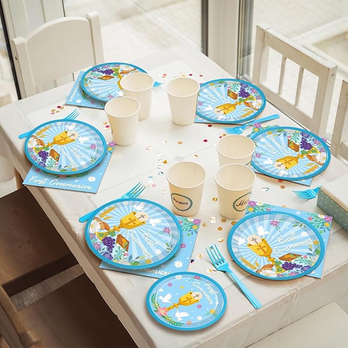 200Pcs Blue Baptism Plates and Napkins, First Holy Communion Party Decorations Supplies for Boys God Bless Christening Celebration Party Baby Shower Disposable Tableware Set, Serves 50