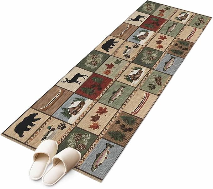 Runner Rug for Bedroom Hallway, Vintage Bear Forest Deer Fish Village Kitchen Runner Rugs Area Rug 2x6ft, Retro Wildlife Themes Washable Soft Floor Carpet for Entryway Stair