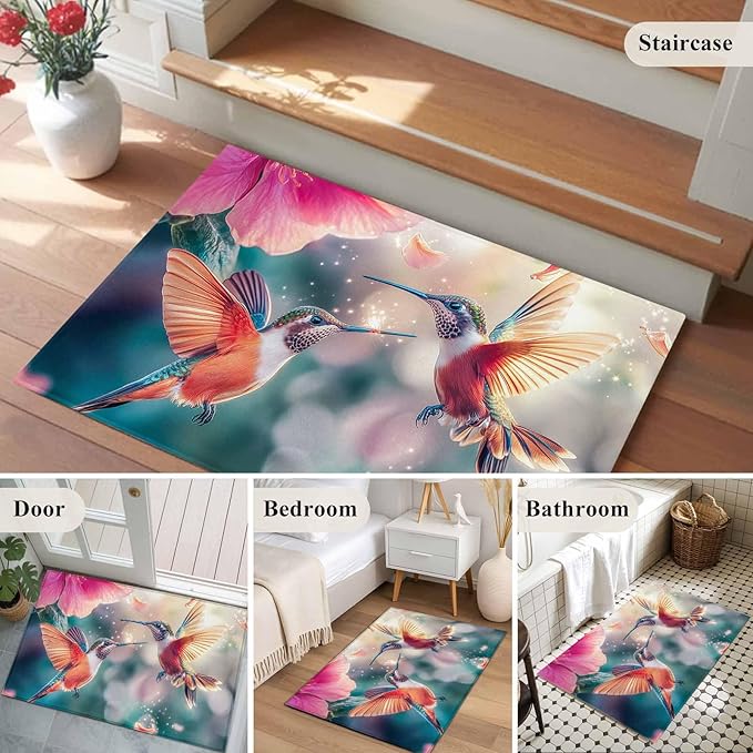 Area Rug 2x3ft, Spring Hummingbird Pink Petals Flowers Washable Rugs for Living Room Bedroom, Dreamlike Animal Focus Scenery Soft Non-Slip Area Rugs Rectangle Floor Carpet for Dining Room