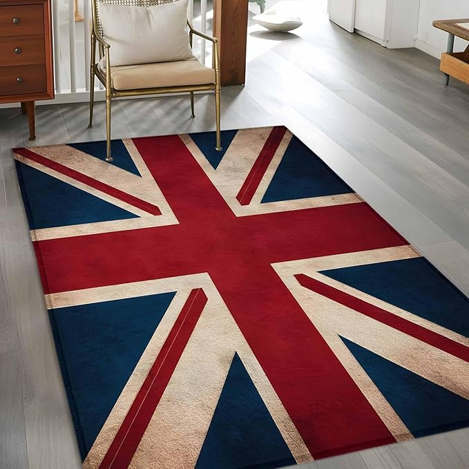 Area Rug 3x5ft, Vintage Union Jack Flag Washable Rugs for Living Room Bedroom, Reerto Flags of The United Kingdom Soft Non-Slip Area Rugs Rectangle Floor Carpet for Dining Room