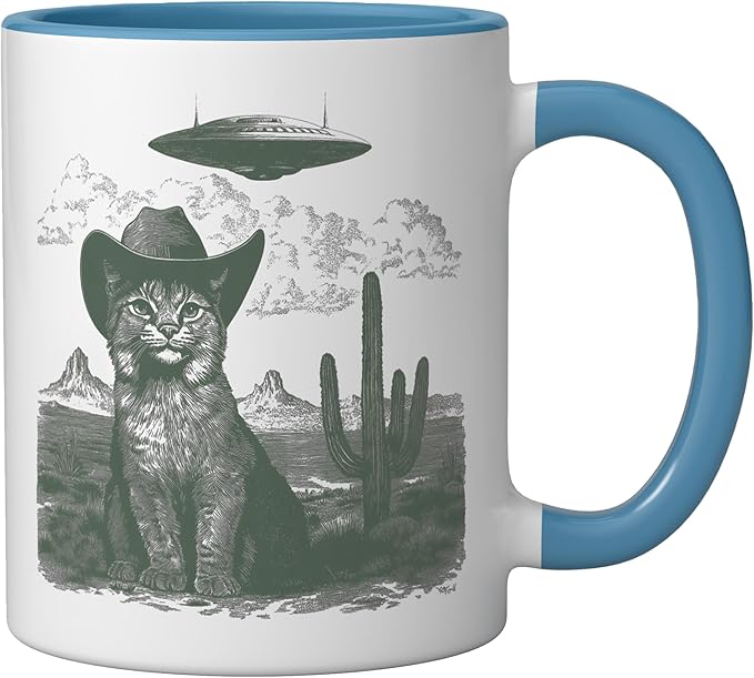 Feline in Hat UFO Sighting Arid Wilderness Cat Design Ceramic Mug, Blue/White