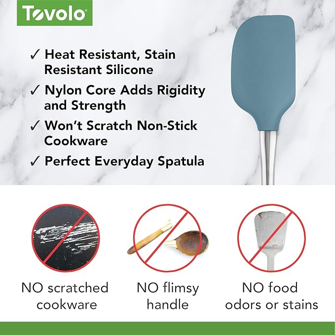 Tovolo Flex-Core Silicone Spatula Metal Handle for Scraping Bowls Mixing and Baking, Dishwasher Safe Heat Resistant Stainless Steel Silicone Spatula for Cast Iron and Nonstick Cookware, Blue Slate