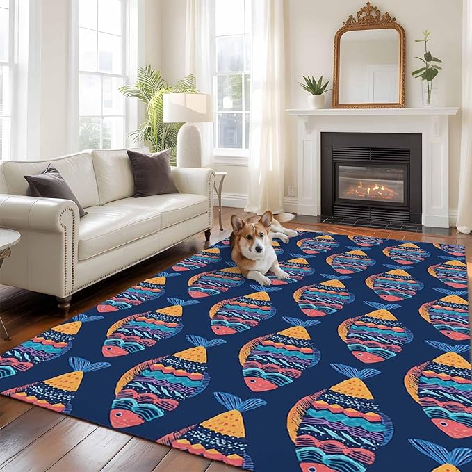 Area Rug 6x9ft, Ethnic Style Ocean Fish Washable Rugs for Living Room Bedroom, Watercolor Marine Life on Navy Blue Soft Non-Slip Area Rugs Rectangle Floor Carpet for Dining Room