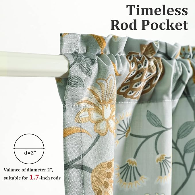 Leeva Farmhouse Style Half Curtains for Windows, Faux Linen Textured Small Cafe Curtain for Kitchen Living Room, Floral on Grey, Rod Pocket, 30 x 24 Inches, 2 Panels