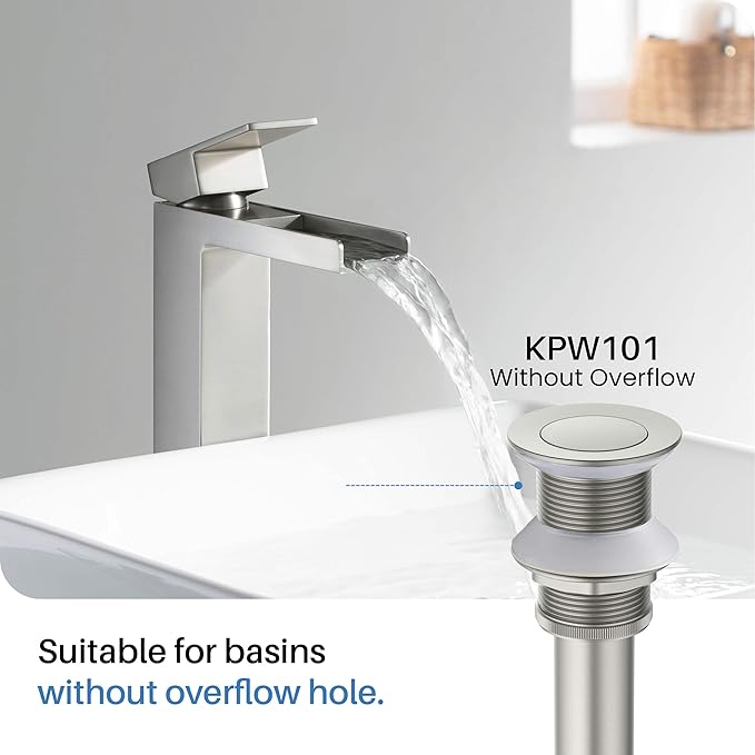 KIBI Waterfall Bathroom Sink Faucet | Single Handle Brass Vanity Faucet with Water Supply Hose | Durable Brass Construction and Smooth Water Flow | Brushed Nickel, KBF1005 (Pop Up Drain Included)