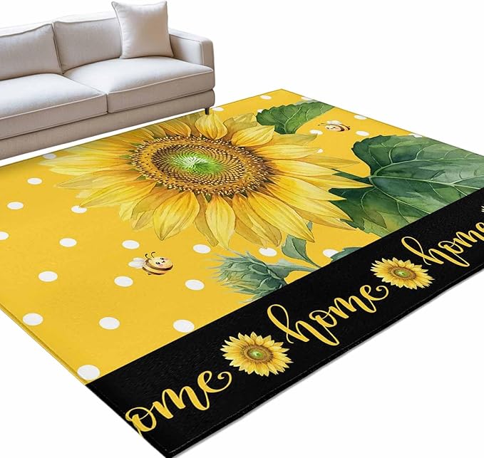 Area Rug 8x10ft, Summer Watercolor Sunflowers Bees Washable Rugs for Living Room Bedroom, Farmhouse Floral Art Soft Non-Slip Area Rugs Rectangle Floor Carpet for Dining Room