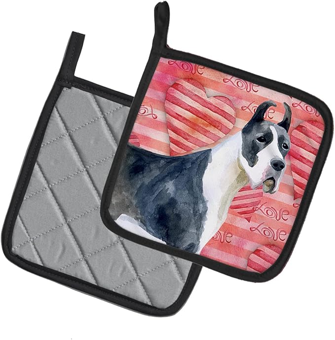 Caroline's Treasures BB9730PTHD Harlequin Great Dane Love Pair of Pot Holders, Red Kitchen Heat Resistant Pot Holders Sets Oven Hot Pads for Cooking Baking BBQ, 7 1/2 x 7 1/2