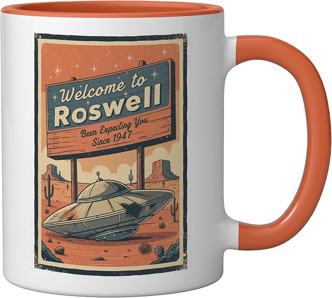 Roswell UFO Retro Tourism Souvenir Flying Saucer Crash Alien Ceramic Mug, Orange/White