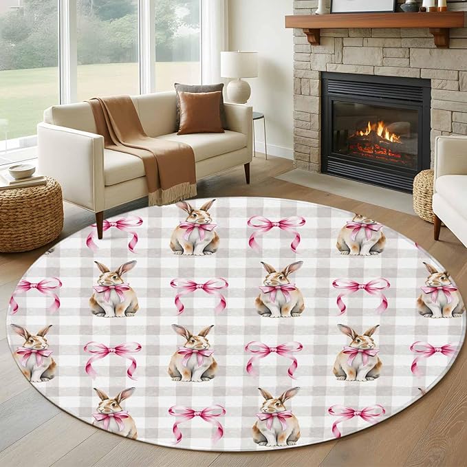 Washable Round Area Rug Easter Rabbit Pink Bow Circle Rugs Floor Carpet for Living Room Bedroom, Seamless Bunny Gray Buffalo Plaid Soft Non Slip Round Rug 5ft