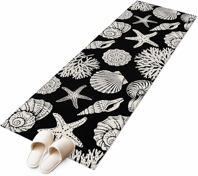 Runner Rug for Bedroom Hallway, Marine Starfish Shell Conch Kitchen Runner Rugs Area Rug 2x6ft, Ocean Life on Black Washable Soft Floor Carpet for Entryway Stair