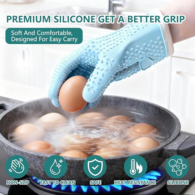 Silicone Oven Mitts Oven Gloves with Fingers, Oven Mitts Heat Resistant 450°F, Oven Mits Waterproof & Non-Slip, Cotton Lined for Kitchen, Home, Baking, BBQ, 2 Piece (Grey)