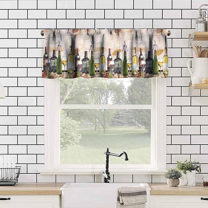 Vintage Red Wine Valance, French Country Wine and Grapes Rustic Farmhouse Short Window Treatment for Kitchen Dining Room Bedroom Home Bar, 54x18Inch