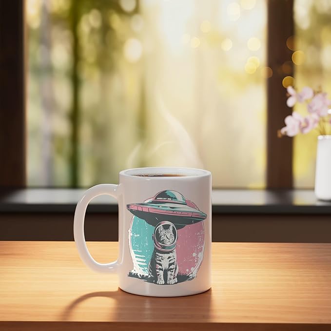 Retro UFO Cat Astronaut Alien Sci Fi Space Funny Pastel Ceramic Mug, White