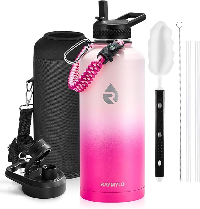 RAYMYLO Insulated Water Bottle 87 oz, Triple Wall Vacuum Stainless Steel (Cold for 48 Hrs), Leak Proof & Non-BPA, Modern Water Flask Jug with Paracord Handle & Straw Spout Lids, Ombre Pink