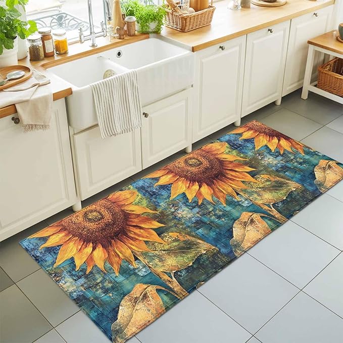 Runner Rug for Bedroom Hallway, Rustic Golden Sunflower on Teal Blue Kitchen Runner Rugs Area Rug 2x6ft, Abstract Floral Washable Soft Floor Carpet for Entryway Stair