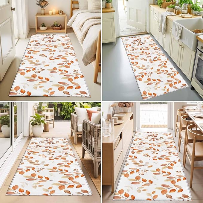 Runner Rug for Bedroom Hallway, Autumn Orange Leaf Botanical Kitchen Runner Rugs Area Rug 2x6ft, Abstract Vine Pattern Washable Soft Floor Carpet for Entryway Stair