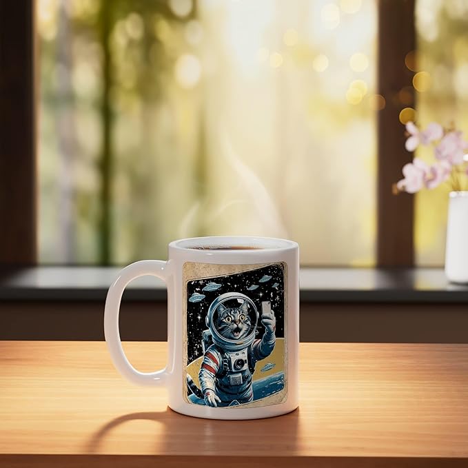 Space Cat Astronaut UFO Funny Sci-fi Alien Selfie Ceramic Mug, White