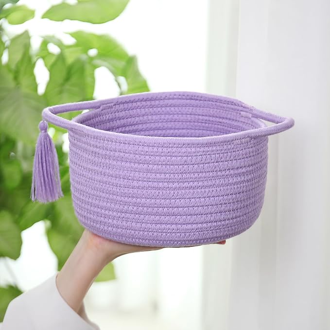 Small Purple Basket, Cute Woven Gift baskets Empty with Cellophane Wrap set for Girl, Decorative Cotton Rope violet Container Bin, Little Makeup Holder for Bathroom, Vanity, Cosmetics – lavender