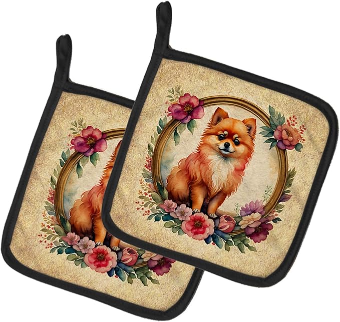 Caroline's Treasures Pomeranian and Flowers Pair of Pot Holders Kitchen Heat Resistant Pot Holders Sets Oven Hot Pads for Cooking Baking BBQ, 7 1/2 x 7 1/2