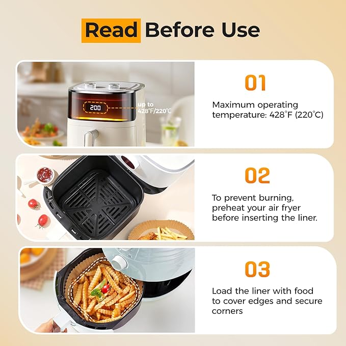 Vailnd Air Fryer Liners Disposable, 150 Pcs 8" Unbleached Parchment Paper Sheets Square, Heavy-duty Baking Paper Liner for Air Fryers Cooking Oven Steamer, Non-Stick, Grease-Resistant