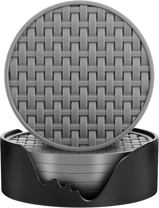 Gray Silicone Coasters with Holder, 4 Inch Non-Slip Heat-Resistant Drink Coasters Set of 6, Waterproof Decorative Round Cup Mats for Home, Kitchen, Office, Bar Coffee Table, Housewarming Gift