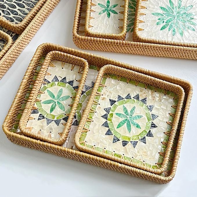 i-lan 15" Rattan Tray Set of 3, Rectangular Mother of Pearl Decorative Tray, Green Geometric Woven Nesting Trays for Serving, Boho Home Decor for Vanity, Entryway, Living Room & Kitchen