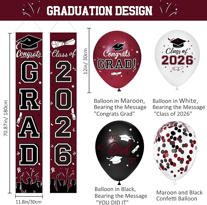 Graduation Decorations Class of 2026 - Maroon Graduation Party Supplies Congrats Grad Backdrop & Banner, Hanging Swirls, Porch Sign, Balloons for High School & College Celebrations