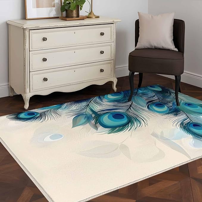 Area Rug 3x5ft, Abstract Animal Art Peacock Feather Washable Rugs for Living Room Bedroom, Watercolor Blue Eyes Beige Soft Non-Slip Area Rugs Rectangle Floor Carpet for Dining Room