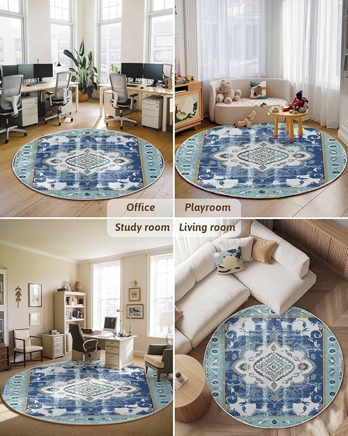 Round Area Rug,Abstract Flower Ethnic Tribal Style Circle Living Room Rug Non-Slip Rugs Indoor Carpet,Retro Blue Floral Soft Comfort Rugs for Bedroom KidsRoom Nursery