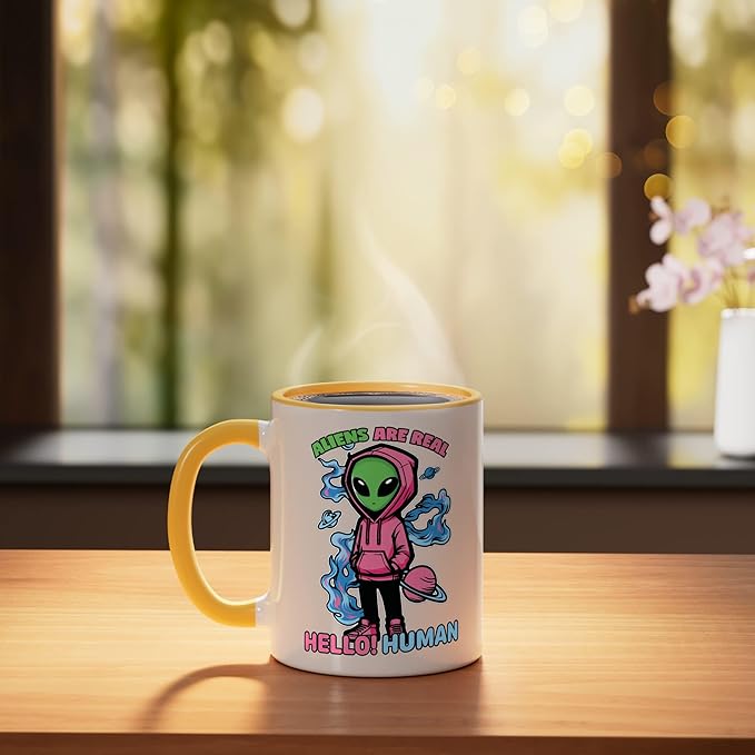 Aliens Are Real UFO Flying Saucer Grey Alien Sci-Fi Art Ceramic Mug, Yellow/White
