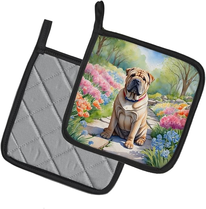 Caroline's Treasures Shar Pei Spring Path Pair of Pot Holders Kitchen Heat Resistant Pot Holders Sets Oven Hot Pads for Cooking Baking BBQ, 7 1/2 x 7 1/2