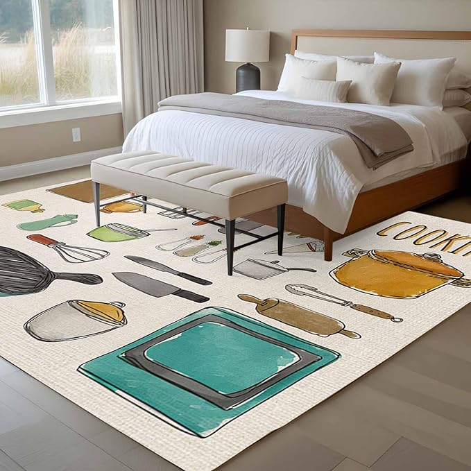 Cooking Kitchenware Kitchen Tool Pattern Rectangle Rugs 5x7ft for Living Room Washable Circle Rug Non-Slip Carpet Soft Mat for Bedroom Dining Room Bathroom Home Holiday Decorations Indoor
