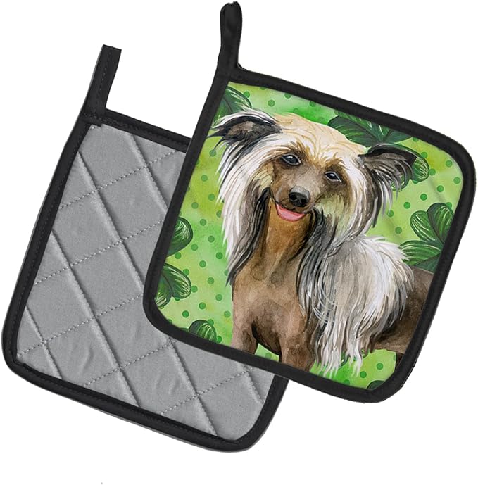 Caroline's Treasures BB9833PTHD Chinese Crested St Patrick's Pair of Pot Holders, Green Kitchen Heat Resistant Pot Holders Sets Oven Hot Pads for Cooking Baking BBQ, 7 1/2 x 7 1/2