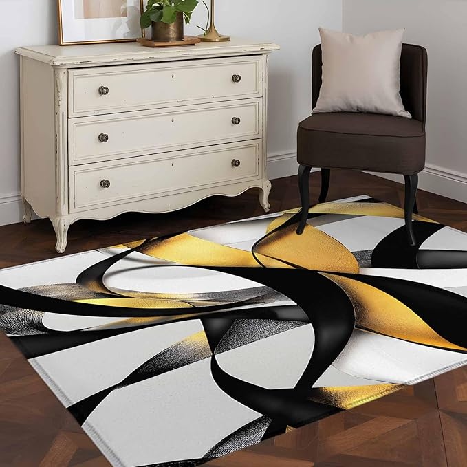 Area Rug 4x6ft, Modern Geometric Stripe Texture Washable Rugs for Living Room Bedroom, Abstract Gold Black White Line Soft Non-Slip Area Rugs Rectangle Floor Carpet for Dining Room