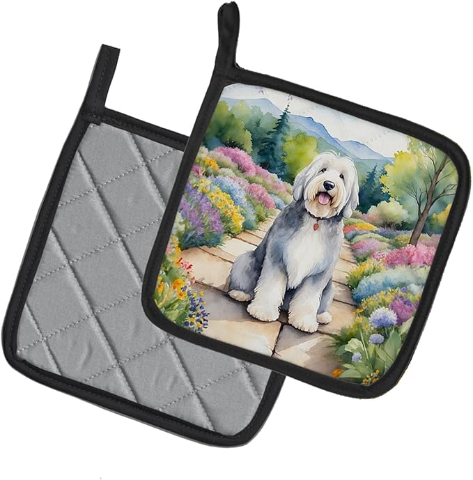 Caroline's Treasures Old English Sheepdog Spring Path Pair of Pot Holders Kitchen Heat Resistant Pot Holders Sets Oven Hot Pads for Cooking Baking BBQ, 7 1/2 x 7 1/2