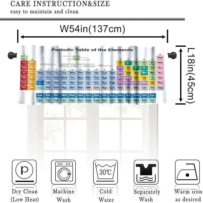 Periodic Table Valance, Modern Science Educational Learning Knowledge Short Window Drapes for Studernts Kids Teatcher School Classroom Bedroom Kitchen, 54x18Inch