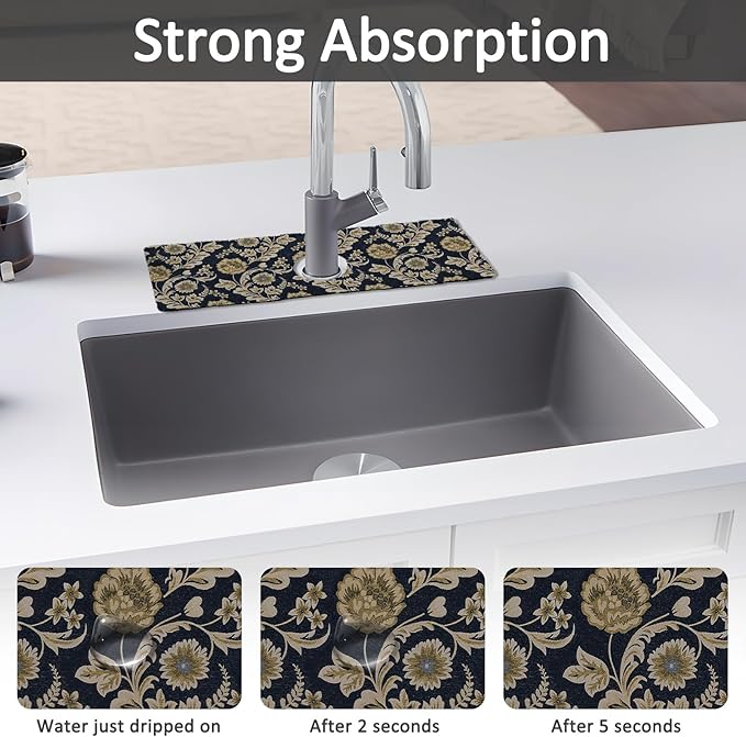 15" X 5.5" Kitchen Sink Splash Guard Faucet Mat Floral Flower Super Absorbent Fast Drying Faucet Guard & Draining Mat Sink Splash Guard Behind Faucet for Kitchen, Bathroom